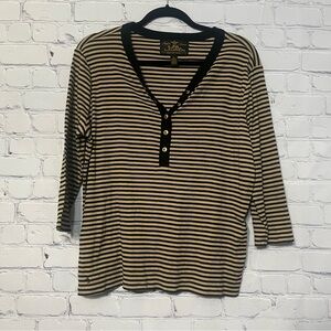 Lauren Ralph Lauren Size 1X Tan Black Stripe 100% Cotton Henley Tee 3/4 Sleeve